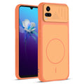 Front and back view of Orange protective back cover for Vivo V20 with textured sides, camera guard and slim fit design.