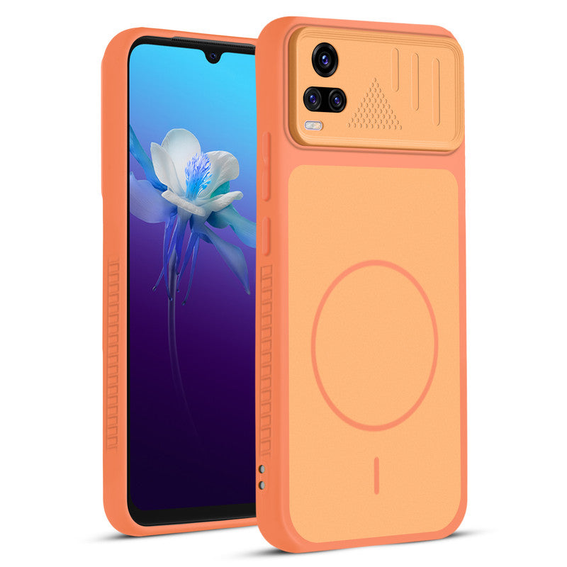 Front and back view of Orange protective back cover for Vivo V20 with textured sides, camera guard and slim fit design.
