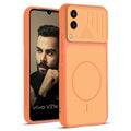 Front and back view of Orange protective back cover for Vivo V21e 5G with textured sides, camera guard and slim fit design.