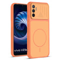 Front and back view of Orange protective back cover for Vivo V23e 5G with textured sides, camera guard and slim fit design.