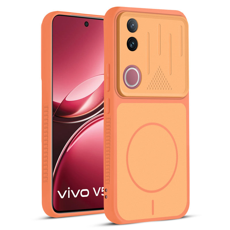Front and back view of Orange protective back cover for Vivo V50 5G with textured sides, camera guard and slim fit design.