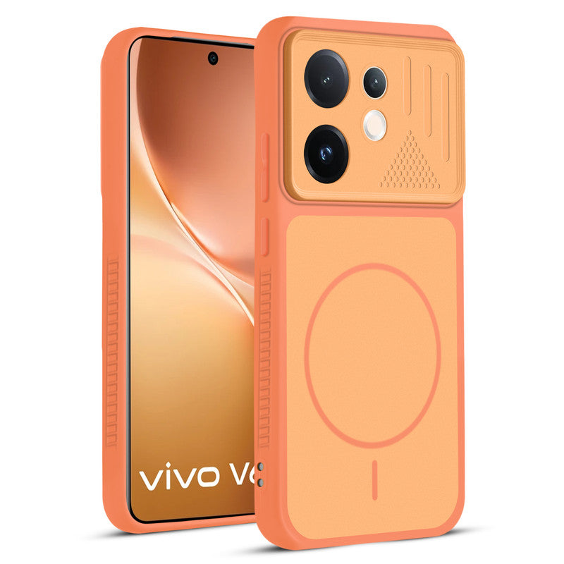Front and back view of Orange protective back cover for Vivo V60 5G with textured sides, camera guard and slim fit design.