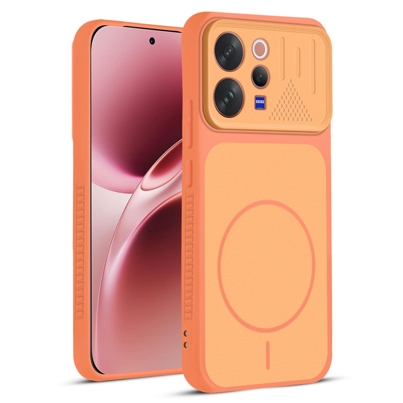 Front and back view of Orange protective back cover for Vivo V70 5G with textured sides, camera guard and slim fit design.