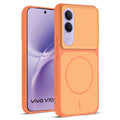 Front and back view of Orange protective back cover for Vivo V70 FE 5G with textured sides, camera guard and slim fit design.