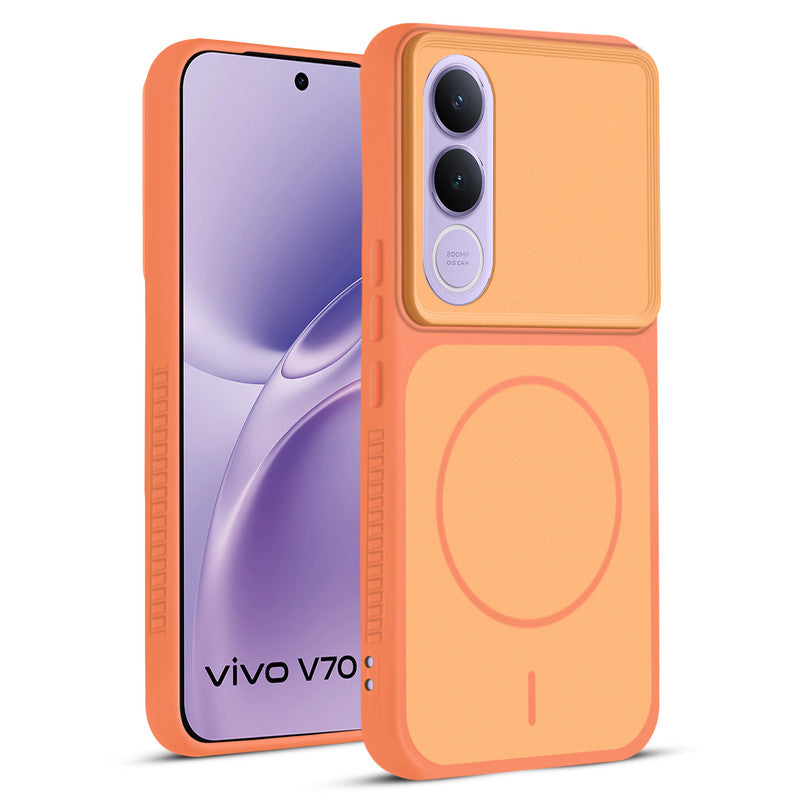 Front and back view of Orange protective back cover for Vivo V70 FE 5G with textured sides, camera guard and slim fit design.
