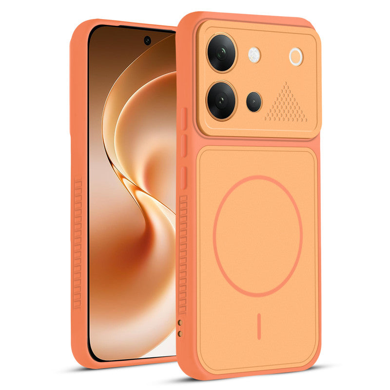 Front and back view of Orange protective back cover for Vivo V80 5G with textured sides, camera guard and slim fit design.