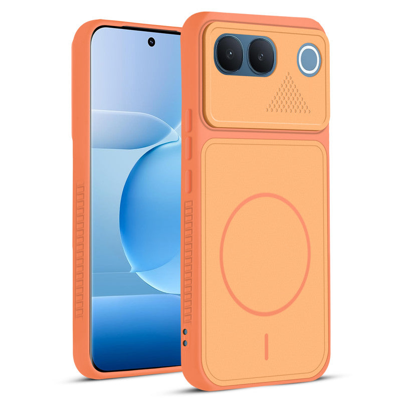 Front and back view of Orange protective back cover for Vivo V80 Lite 5G with textured sides, camera guard and slim fit design.