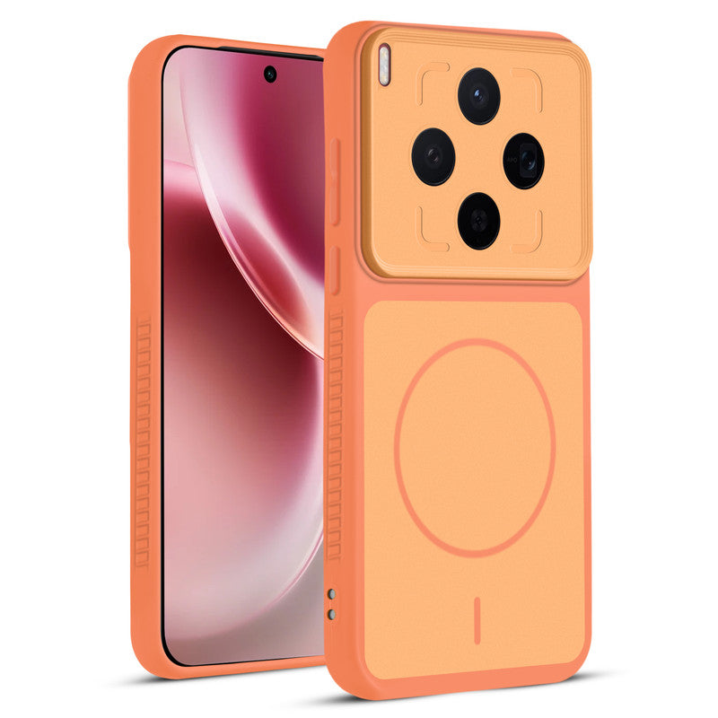 Front and back view of Orange protective back cover forMotorola Vivo X300 5G with textured sides, camera guard and slim fit design.