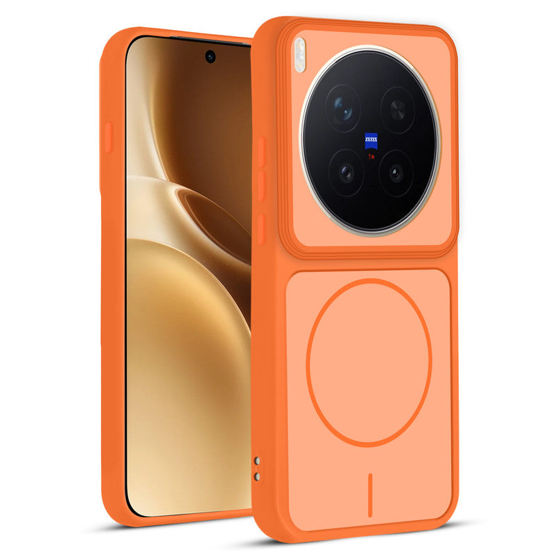 Front and back view of Orange protective back cover for Vivo X300 Pro 5G with textured sides, camera guard and slim fit design.