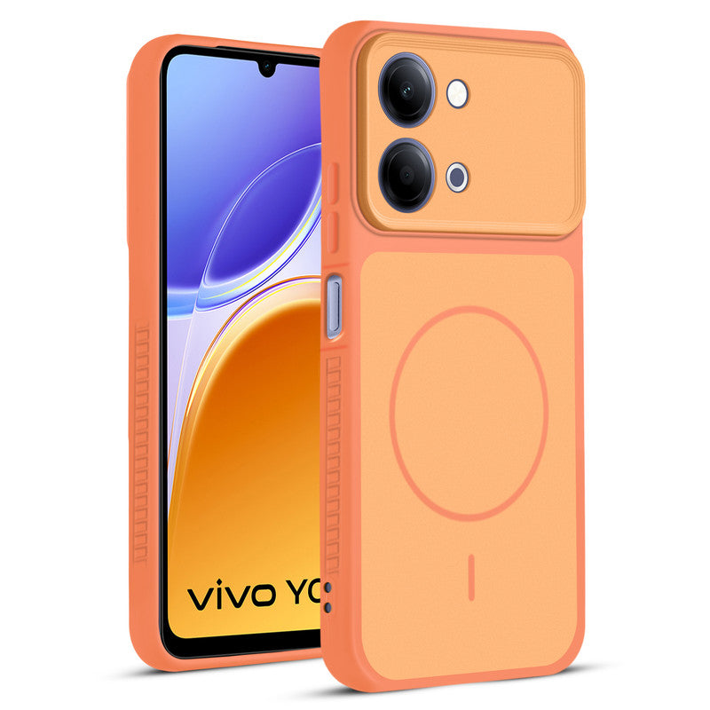 Front and back view of Orange protective back cover for Vivo Y05 4G with textured sides, camera guard and slim fit design.