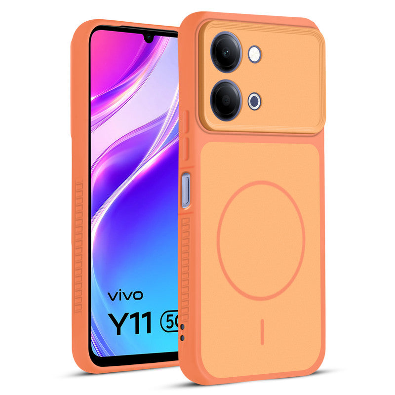 Front and back view of Orange protective back cover for Vivo Y11 5G with textured sides, camera guard and slim fit design.