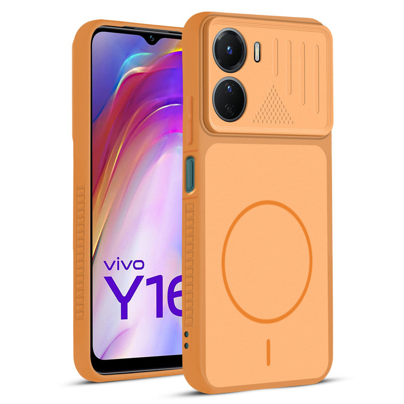 Front and back view of Orange protective back cover for Vivo Y16 with textured sides, camera guard and slim fit design.