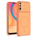 Front and back view of Orange protective back cover for Vivo Y20 with textured sides, camera guard and slim fit design.