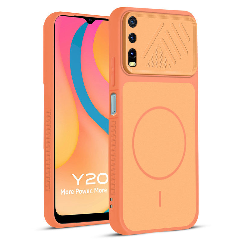 Front and back view of Orange protective back cover for Vivo Y20 with textured sides, camera guard and slim fit design.