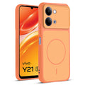Front and back view of Orange protective back cover for Vivo Y21 5G with textured sides, camera guard and slim fit design.