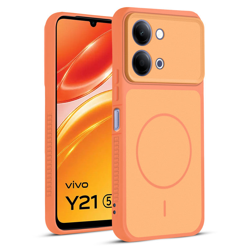 Front and back view of Orange protective back cover for Vivo Y21 5G with textured sides, camera guard and slim fit design.