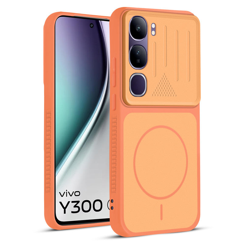 Front and back view of Orange protective back cover for Vivo Y300 5G with textured sides, camera guard and slim fit design.