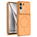 Front and back view of Orange protective back cover for Vivo Y31 5G with textured sides, camera guard and slim fit design.