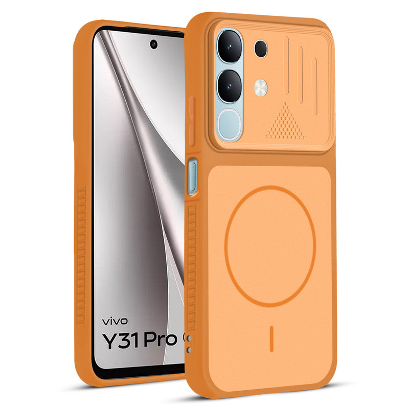 Front and back view of Orange protective back cover for Vivo Y31 5G with textured sides, camera guard and slim fit design.