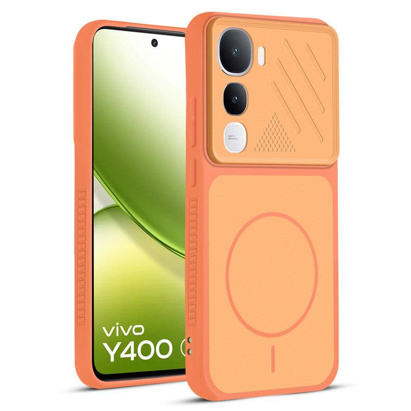 Front and back view of Orange protective back cover for Vivo Y400 5G with textured sides, camera guard and slim fit design.