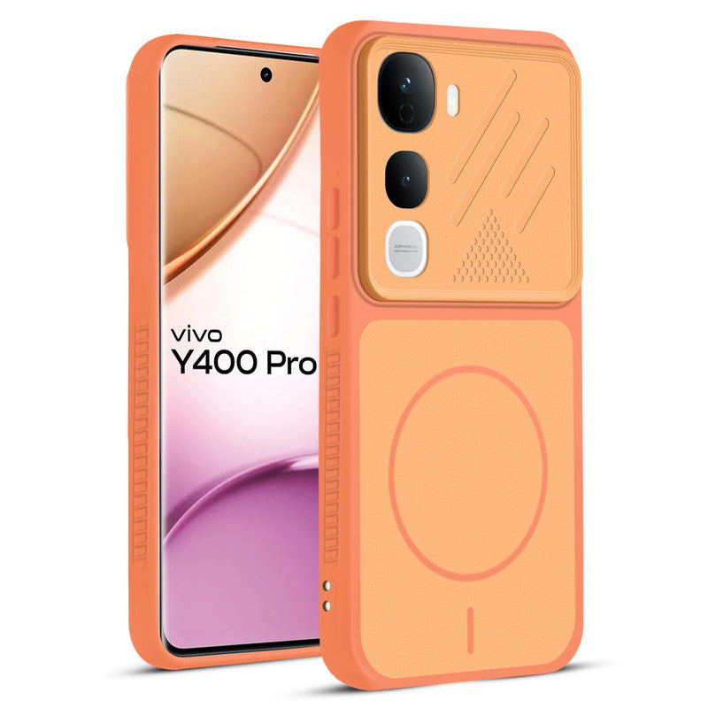 Front and back view of Orange protective back cover for Vivo Y400 Pro 5G with textured sides, camera guard and slim fit design.