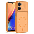 Front and back view of Orange protective back cover for Vivo Y56 5G with textured sides, camera guard and slim fit design.