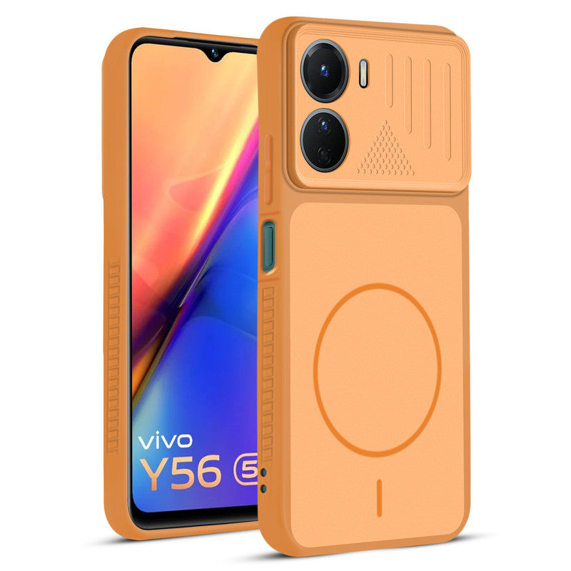 Front and back view of Orange protective back cover for Vivo Y56 5G with textured sides, camera guard and slim fit design.