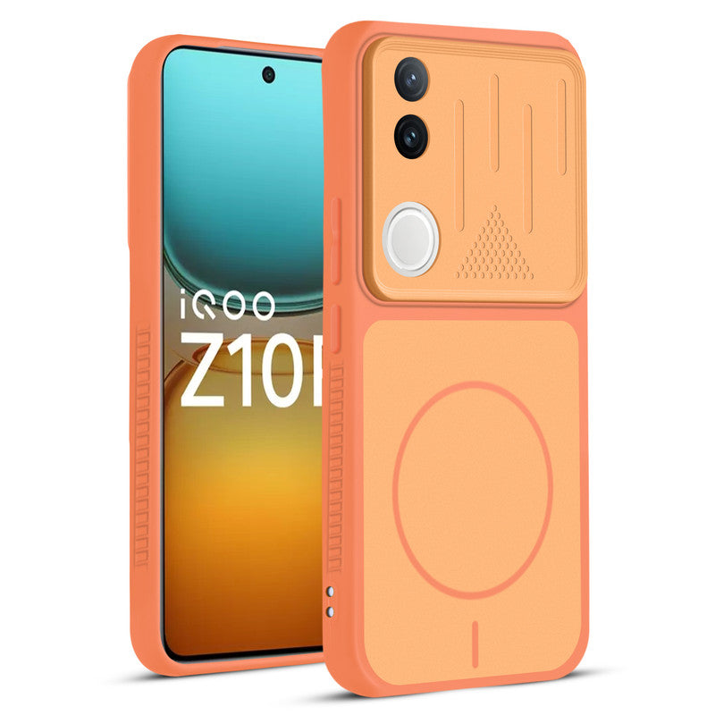 Front and back view of Orange protective back cover for iQOO Z10R 5G with textured sides, camera guard and slim fit design.