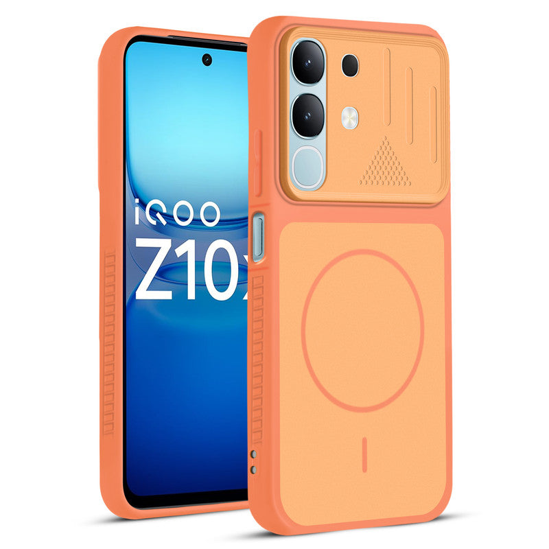 Front and back view of Orange protective back cover for iQOO Z10X 5G with textured sides, camera guard and slim fit design.