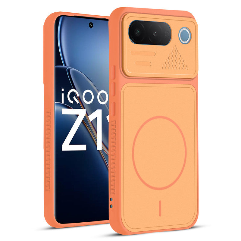 Front and back view of Orange protective back cover for iQOO Z11 5G with textured sides, camera guard and slim fit design.