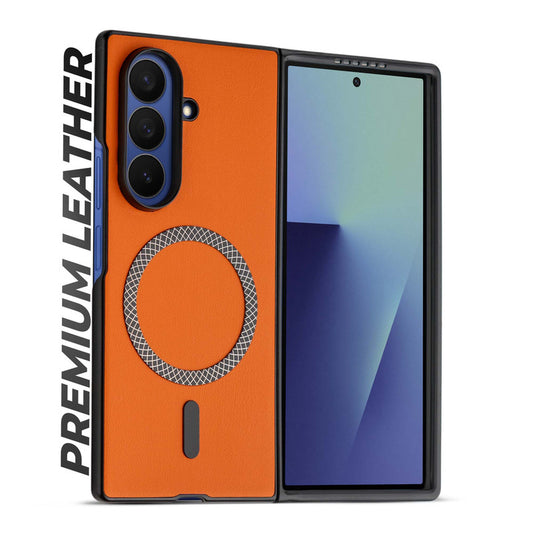 Executive Edition Hard Back Cover for Samsung Z Fold 7 with Magnetic Ring , Faux Leather Finish & Camera Guard