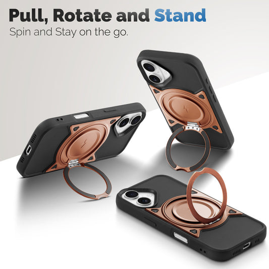 MagSafe Compatible with Metal Finish Ring Stand & Silicone Grip Back Case For Apple iPhone 16