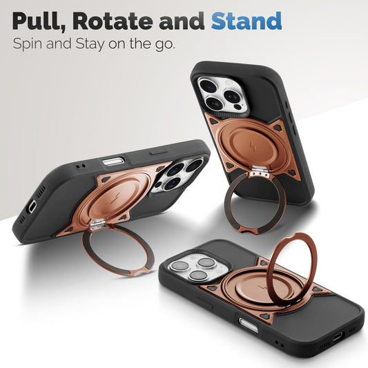 Wireless Charging Support Compatible with Metal Finish Ring Stand & Silicone Grip Back Case For Apple iPhone 16 Pro
