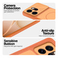 Orange phone case for Oppo Reno 15 Pro 5G showing camera safety edges, anti slip side grip and easy press button covers.