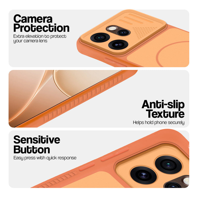 Orange phone case for Oppo Reno 15 Pro 5G showing camera safety edges, anti slip side grip and easy press button covers.