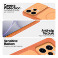 Orange phone case for Oppo Reno 15 5G showing camera safety edges, anti slip side grip and easy press button covers.