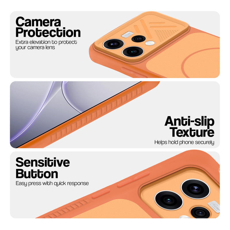 Orange phone case for Oppo Reno 15 5G showing camera safety edges, anti slip side grip and easy press button covers.