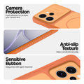 Orange phone case for Oppo Reno 15 Pro Mini 5G showing camera safety edges, anti slip side grip and easy press button covers.