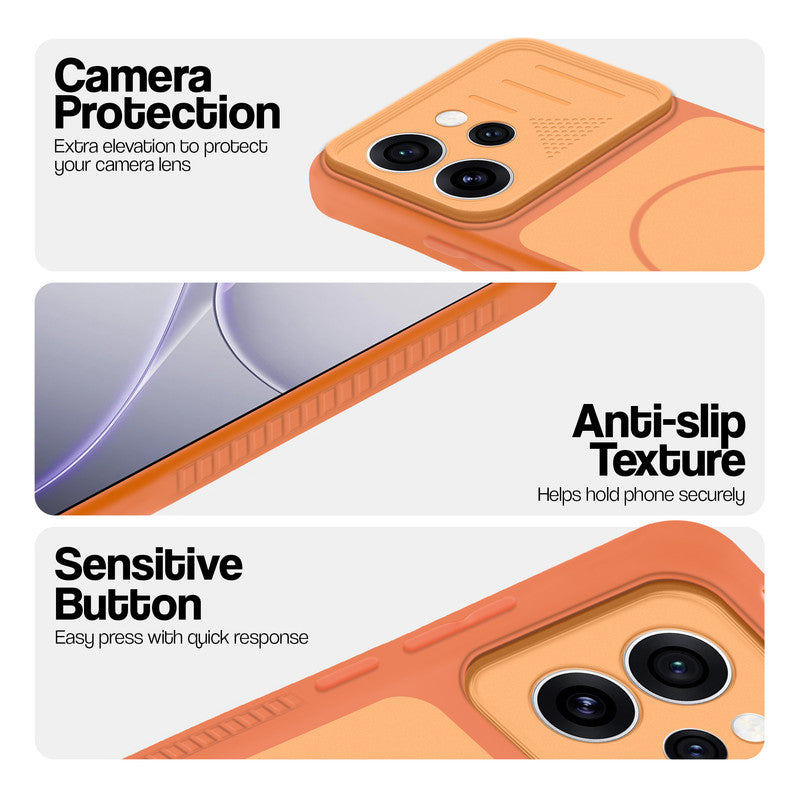 Orange phone case for Oppo Reno 15 Pro Mini 5G showing camera safety edges, anti slip side grip and easy press button covers.