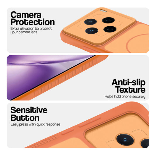 Orange phone case for Vivo X200T 5G showing camera safety edges, anti slip side grip and easy press button covers.