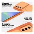 Orange Phone case for Samsung A56 5G highlighting raised camera protection, anti-slip texture, and responsive side buttons