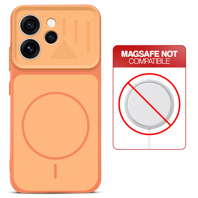 Orange back cover for Oppo Reno 15 Pro Mini 5G with printed ring pattern and message showing not compatible with MagSafe charging.