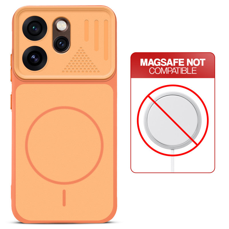 Orange back cover for Oppo Reno 15 Pro 5G with printed ring pattern and message showing not compatible with MagSafe charging.