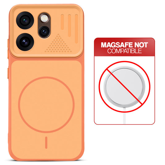 Orange back cover for Oppo Reno 15 Pro 5G with printed ring pattern and message showing not compatible with MagSafe charging.
