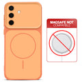 Dual tone silicone Orange phone cover for Samsung A56 5G showing wireless charging not supported notice