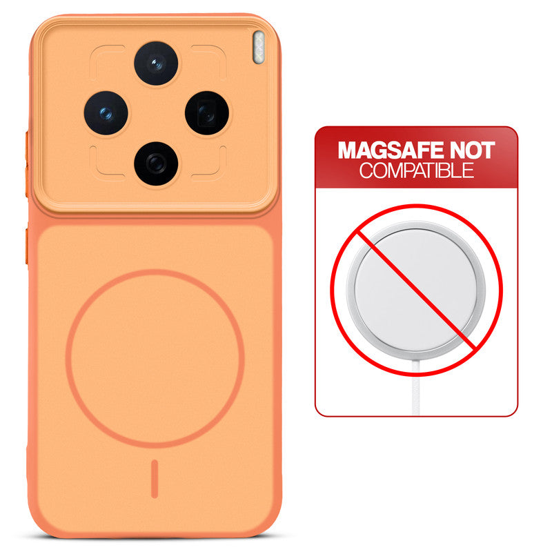 Orange back cover for Vivo X200T 5G with printed ring pattern and message showing not compatible with MagSafe charging.