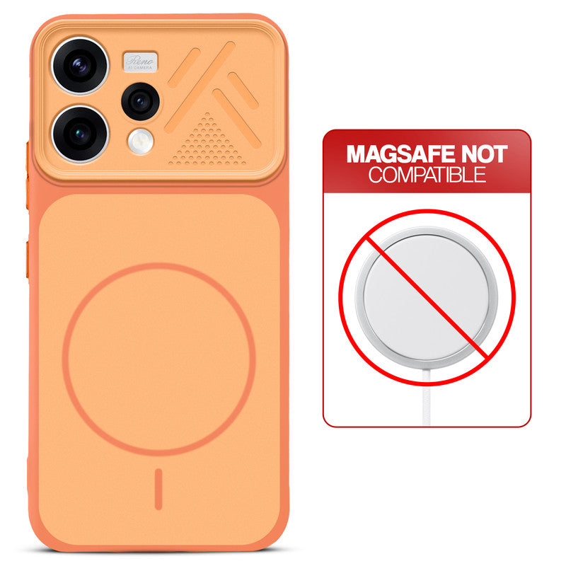 Orange back cover for Oppo Reno 15 5G with printed ring pattern and message showing not compatible with MagSafe charging.