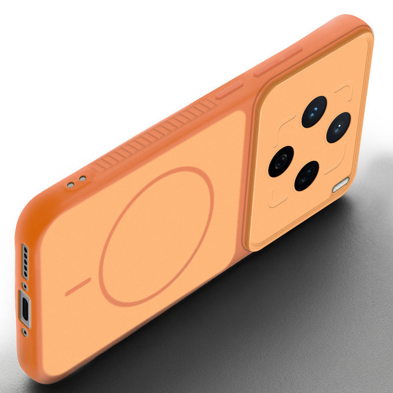 Angled view of Orange mobile case for Vivo X200T 5G with proper charging port cutout, speaker holes and strong corner protection.