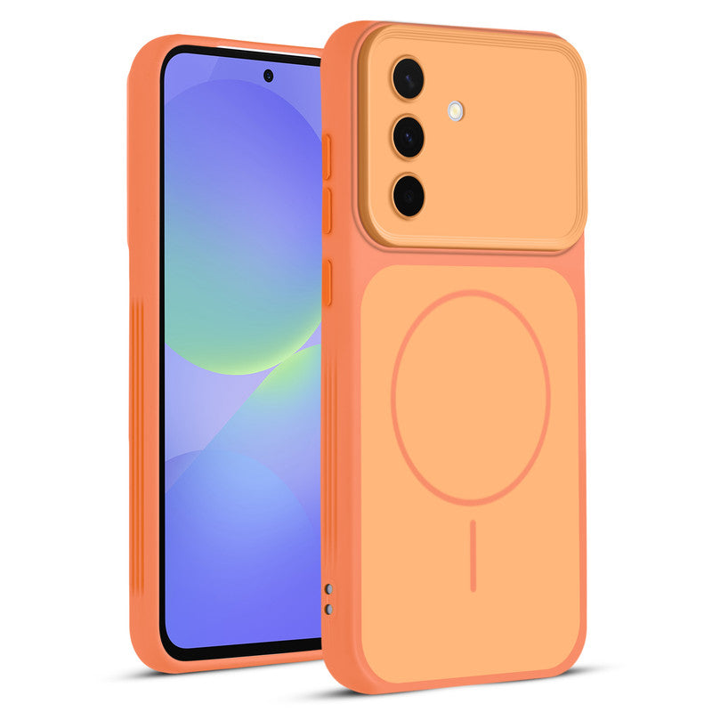 Full protective dual tone Orange silicone case for Samsung A56 5G showing front and back design coverage