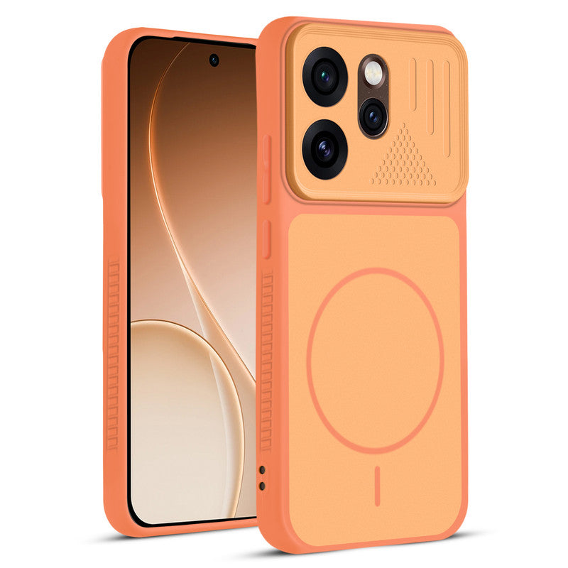 Front and back view of Orange protective back cover for Oppo Reno 15 Pro 5G with textured sides, camera guard and slim fit design.